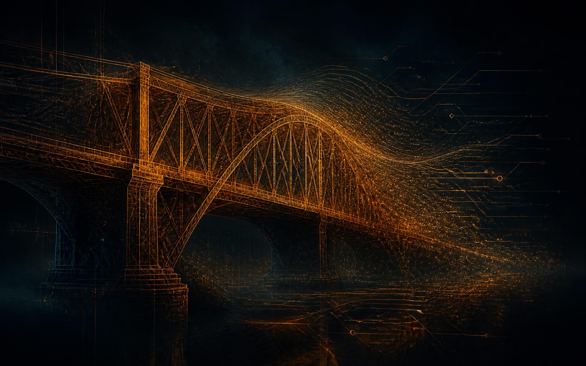 Wireframe iron bridge dissolving into glowing streams of data
