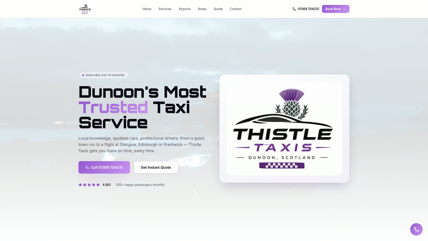 Homepage design of the Thistle Taxi website built by Ironbridge Create